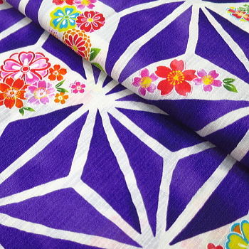 義若オリジナルの鯉口シャツ、ダボシャツ　麻の葉紋様に花（紫）